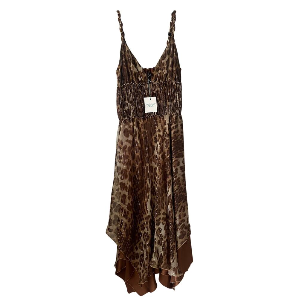 Zola Smocked Leopard Print V-Neck Asymmetric Midi Dress Brown Size Medium